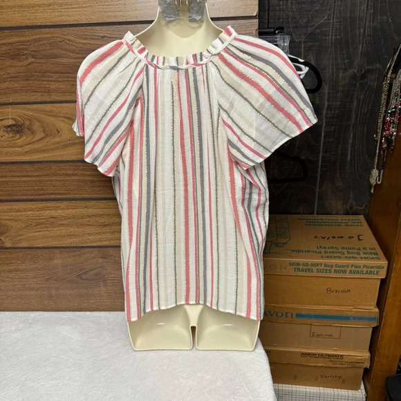 Loft outlet size XS NWT Multicolored Flutter Sleeve Blouse with Tie Front - Picture 6 of 8